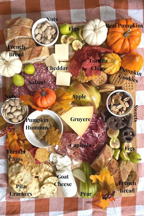 How to Make the Perfect Fall Charcuterie Board - Caitlin Houston Gluten Free Fall Charcuterie Board, Fall Charquetery Board Ideas, Hosting Pumpkin Carving Party, Harvest Charcuterie Board Ideas, Aldi Fall Charcuterie Board, Autumn Charcuterie Board Aesthetic, Savory Fall Charcuterie Board, Diy Fall Charcuterie Board, Charcuterie Fall Board Ideas