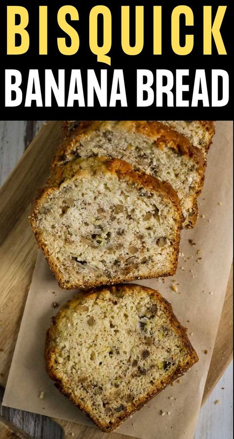 top view of bisquick banana bread with walnuts sliced on a cutting board. Carbquik Banana Bread, Bus Quick Banana Bread, Bisquick Banana Bread Recipe, Banana Bread Recipe With Bisquick, Bisquick Banana Muffins, Snack Breads, Impossible Recipes, Bisquick Banana Bread, Quick Banana Bread