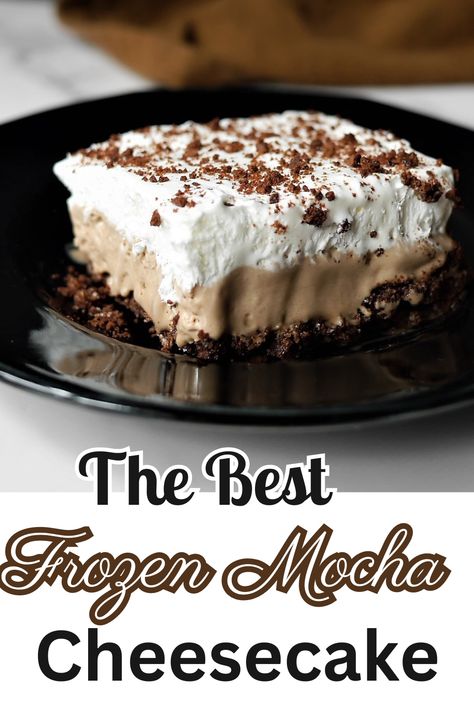 This deliciously creamy frozen dessert is made with a mocha cheesecake filling, crunchy chocolate graham base and finished with cool whip and additional chocolate graham crackers. Frozen Chocolate Cheesecake, Frozen Mocha Dessert, Frozen Mocha Cheesecake, Frozen Desserts Easy, Mocha Desserts, Mocha Cheesecake, Frozen Cheesecake, Crunchy Chocolate, Chocolate Graham Crackers