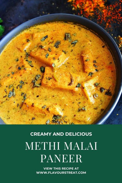 Methi Malai Paneer is a classic Indian curry with cottage cheese and fenugreek leaves cooked in a creamy and rich sauce. This restaurant-style paneer curry is a perfect party recipe to feed a crowd at pot lucks, family gatherings and celebrations. Indian paneer recipes | restaurant style curry | easy paneer recipes | #Indianrecipes #Indianfood #methimalaipaneer #vegetarian #easyindianrecipes #quickdinnerrecipe #vegetarian #paneerrecipe #restaurantstylerecipe #copycatrecipe Paneer Gravy Recipe, Indian Paneer Recipes, Easy Paneer Recipes, Paneer Curry Recipes, Methi Recipes, Curry Easy, Paneer Curry, Paneer Dishes, Recipes Restaurant