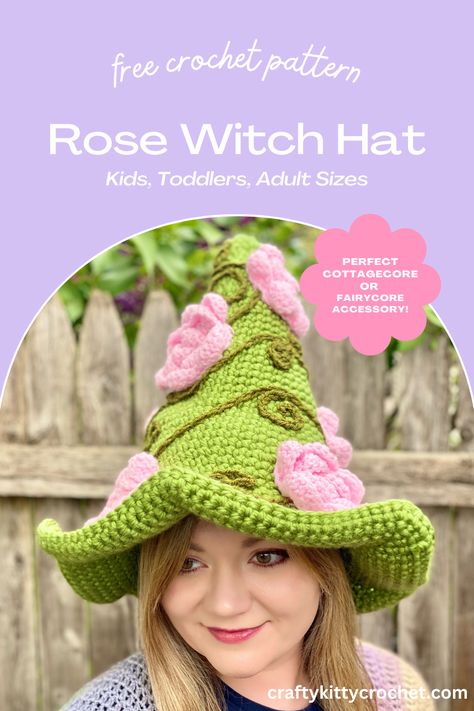 Crochet Whimsical Hat, Crochet Whimsical Witch Hat, Wizard Hat Crochet Pattern Free, Fae Crochet Pattern, Ren Faire Crochet Pattern Free, Ren Fair Crochet Patterns, Crochet Fairy Hat Pattern Free, Crochet Costume Hat, Free Cottagecore Crochet Patterns