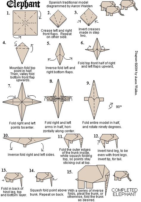 Elephant oragami -- @Audrey Thompson  I'd love to make these into a mobile for the baby Origami Elephant Instructions, Dragon Origami, Origami Elephant, Origami Swan, Origami Diagrams, Origami Decoration, Origami Bookmark, Origami Envelope, Origami For Beginners