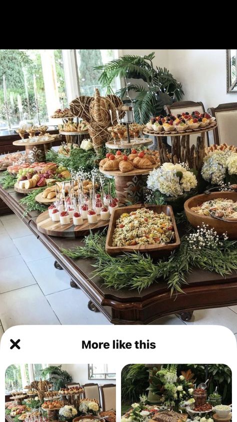 Food Table With Greenery, Beautiful Buffet Displays, Wedding Canape Table, Unique Buffet Table Ideas, Brownie Platter Presentation, Wedding Finger Food Table Ideas, Catering Buffet Setup, Buffet Centerpiece Ideas, Outdoor Food Buffet