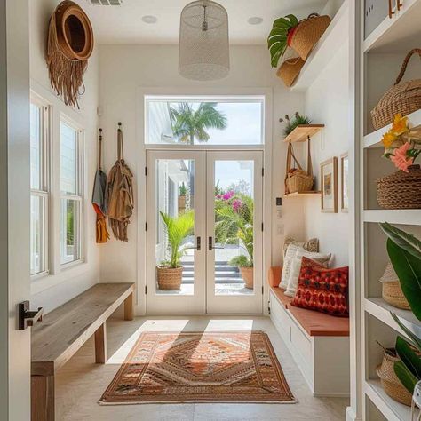 Beach House Scandinavian, Alys Beach Florida Interior Design, Mediterranean Mudroom, Italian Beach House Interior Design, Coastal Boho Interior, Beach Bungalow Interior, Beach Appartement, Surf Shack Decor, Bohemian Beach House