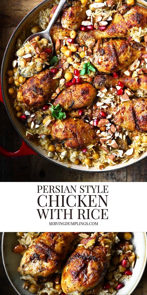 Persian Style Chicken with Rice - Serving Dumplings Persian Food Iranian Cuisine, Persian Chicken, Iranian Cuisine, Chicken With Rice, Middle East Recipes, Persian Cuisine, Chicken Drumstick Recipes, Drumstick Recipes, Egyptian Food