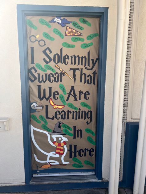 Harry Potter English Classroom, Harry Potter Theme Classroom Door, Harry Potter Door Decorations For School, Harry Potter Teacher Appreciation Door, Harry Potter Classroom Doors, Harry Potter School Theme, Harry Potter Bulletin Board Elementary, Harry Potter Classroom Door Ideas, Literacy Door Decorating Ideas