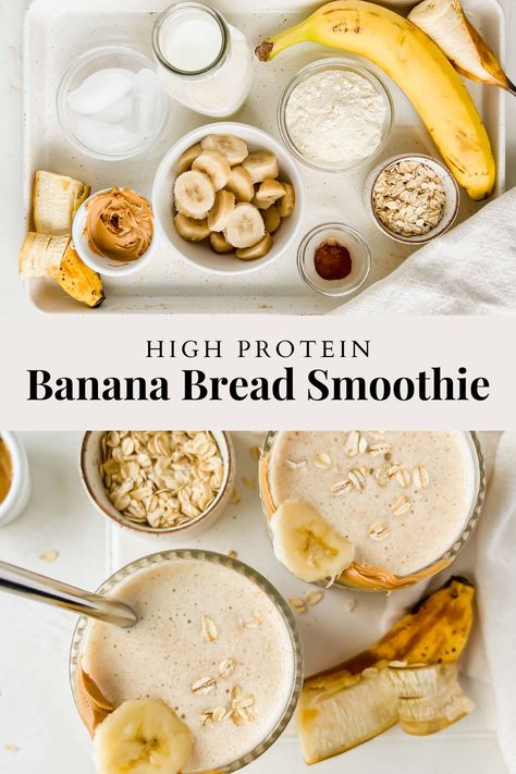 Thick, creamy, and practically indulgent. This Banana Bread Protein Smoothie tastes like your favorite, rich banana bread blended into a sippable form, but is really packed with nutrients and protein that’ll make you feel good from the inside out. Pb And Banana Smoothie, Banana Nut Protein Shake, Banana Bread Protein Shake, Banana Protein Smoothie Recipe, Pb Banana Protein Smoothie, Smoothie Recipes With Protein Powder, Pb2 Protein Shake, Smoothies With Protein Powder, Protein Rich Breakfast Ideas