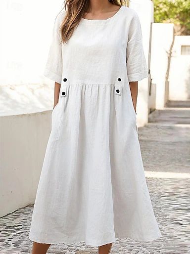 Women's Casual Dress Cotton Summer Dress Midi Dress Linen Pocket Basic Classic Daily Vacation V Neck Half Sleeve Fall Autumn White Navy Blue Plain 2024 - $31.99 White Dress Casual, Casual Dress Midi, Linen Dress Pattern, Purple Plain, Basic Dress Pattern, Casual White Dress, Cotton Linen Dresses, Plain Dress, Trends 2023