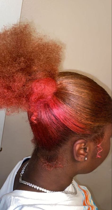 Honey Brown Hair With Pink Highlights, Ginger With Pink Skunk Stripe, Ginger Hair With Pink Skunk Stripe, Brown And Pink Natural Hair, Ginger And Pink Hair Dye, Dye Colors For Black People, Black And Dyed Hair, Hair Dyes For Black Hair, Pink And Brown Hair Black Women