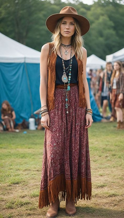 Bohemian Vest Outfit, 90s Hippy Fashion, Boho Layered Outfits, Bohemian Winter Outfits Boho Chic, Folk Festival Outfits, Curvy Boho Fashion, Boho Vest Outfit, Woodstock Outfit, Boho Dress Outfit