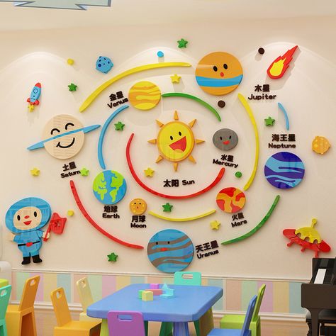 Class Decoration Preschool, Classroom Mobile Ideas For The Ceiling, Kindergarten Class Decoration Ideas, Wall Decor For Preschool Classroom, Wall Decoration For Kindergarten, Kindergarten Room Decor, Kindergarten Display Boards, Class Decoration For Kindergarten, 3d Classroom Decorations