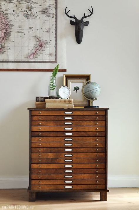 . Cool Dresser Ideas, Chested Drawers, Map Drawers, Poster Storage, Desk With File Drawer, Diy Cabinet, Liz Marie, Flat Files, Masculine Bedroom