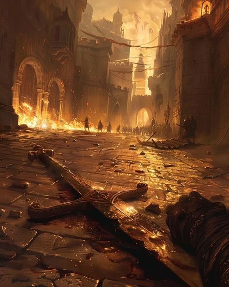 Destroyed Kingdom Art, City On Fire Aesthetic, Fire Kingdom Aesthetic, Fantasy Battle Aesthetic, Burning Kingdom, Destroyed Kingdom, Battle Aesthetic, Burning Village, Eerie Landscape