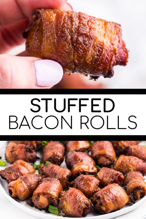 Two image collage of Stuffed Bacon Rolls. First image shows a hand holding a bacon roll. The second image shows a plate of bacon rolls. Bacon Rolls Recipe, Escargot Recipe, Bacon Wraps, Bacon Rolls, Bacon Wrapped Water Chestnuts, Juicy Meatballs, Tailgate Ideas, Savory Meatballs, Best Pork Recipe