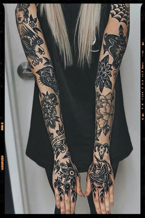 Traditional Tattoo Sleeve Filler, Traditional Tattoo Filler, Old School Tattoo Sleeve, American Traditional Sleeve, Traditional Tattoo Woman, Gothic Tattoos, Tattoo Sleeve Filler, Traditional Tattoo Inspiration, Traditional Sleeve