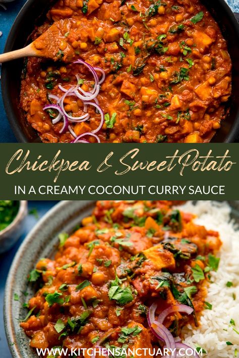 Creamy Vegetable Curry, Indian Sweet Potato Curry, Sweet Potatoes Chickpeas, Chickpeas Sweet Potato, Sweet Potato Lentil Coconut Curry, Curry Sweet Potato Recipes, Indian Chickpea Curry Recipes, Chickpea Vegetable Curry, Chickpea And Sweet Potato Curry