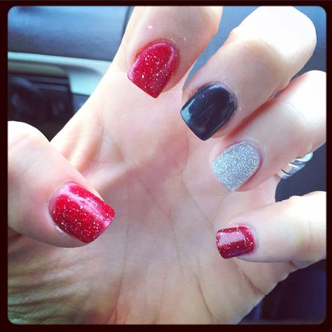 Red |Black |Silver |Glitter Nails #sharonbergernails | Black silver nails, Black nails with glitter, Silver glitter nails Red Black Glitter Nails, Black And Red Nails Ideas Short, Red Black Silver Nails, Black Red White Nails, Red Black And Silver Nails, Red White Black Nails, Red Black And White Nails, School Spirit Nails, Cheer Nails