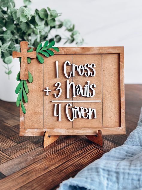 Christian Easter Decor Ideas, He Is Risen Decor, Christian Easter Decor, Cross Ideas, Easter Wood Signs, He Is Risen Easter, Laser Cut Decor, Easter Wall Decor, Cross Nails