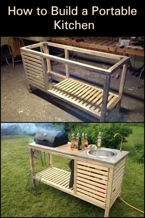 This outdoor kitchen is portable and easy to build! Diy Camping Kitchen Homemade, Campsite Outdoor Kitchen, Outdoor Wooden Kitchen, Patio Sink Outdoor, Outdoor Portable Kitchen, Outdoor Camp Kitchen Ideas, Outdoor Kitchen Made From Pallets, Deck And Outdoor Kitchen, Portable Outdoor Kitchen Ideas