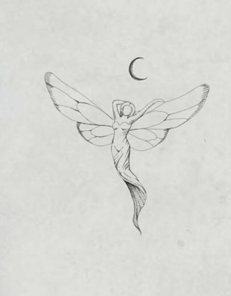 Moon Fairy Tattoo Designs, Art Nouveau Fairy Tattoo, Fairy Angel Tattoo, Angel Fairy Tattoo, Fairy And Moon Tattoo, Elf Tattoo Design, Moon Fairy Tattoo, Fine Line Fairy Tattoo, Faerie Tattoo