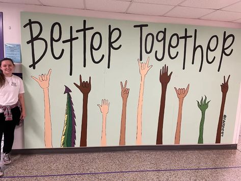 School Hallway Painting Ideas, Better Together Theme For School, Better Together School Theme, Be The I In Kind Mural, Football Lockerroom, Classroom Mural Ideas, School Murals Highschool, School Murals Hallways, Elementary School Murals