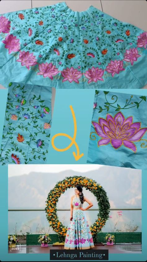 Hand Painted Lehnga Designs, Hand Painted Lengha, Lehenga Painting Designs, Lotus Painting On Fabric, Haldi Ceremony Outfit For Bride Unique, Hand Painted Lehenga, Batik Dyeing, Phad Painting, Saree Painting Designs