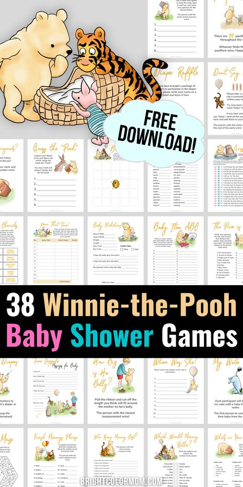 classic Winnie the Pooh illustration with Pooh bear, Tigger, and Piglet peeking in a baby basket surrounded by a showcase of the individual pages of a large collection of Winnie the Pooh baby shower games printables featuring colorful illustrations of the vintage book characters; text reads "Free download! 38 Winnie-the-Pooh baby shower games" Pooh Bear Printables, Winnie The Pooh Theme Gender Reveal Party, Whine The Pooh Baby Shower Boy, Classic Pooh Shower Ideas, Classic Winnie The Pooh Printables Free, Baby Shower Pooh Games, Winnie The Pooh Themed Games, Winnie The Pooh Images Free Printable, Winnie The Pooh Shower Food Ideas