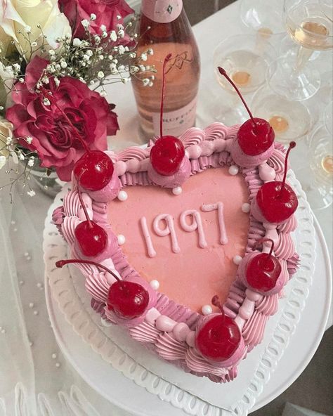 vintage inspired cake, heart cake, cherry, pink, girly, coquette, 1997, birthday 27 Birthday Ideas For Her Decoration, 1997 Birthday, 27th Birthday Cake, 27 Birthday Ideas, 26 Birthday Cake, Girly Birthday Cakes, Heart Birthday Cake, Cake Cherry, Cake Heart