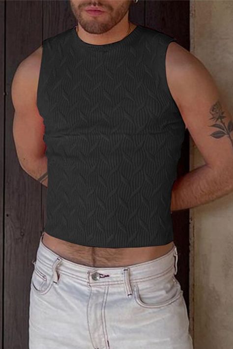 Mens Solid Texture Knitted Sleeveless Crop Tank Mens Workout Tank Tops, Cheap Tank Tops, Solid Texture, Black Crop Top Tank, J Black, Crop Tank Top, Online Mens Clothing, Men's Knit, Workout Tank Tops