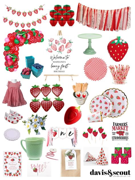 Adorable berry themed event perfect for a first birthday or children's celebration. This styled party includes all the materials you'll need to create a diy swoon worthy event for guests of any age that love strawberries! #strawberry #berrysweet #strawberryparty #berrypatch #berryparty #strawberryshortcake #berrydecorations #trendypartydecor #partystyle #partyideas #partydecorations #decoratedparties #kidsparty #firstbirthday #showerideas Strawberry Themed Party, Dreamy Birthday, Strawberry Picnic, Baby First Birthday Themes, Strawberry Decor, Strawberry Shortcake Birthday, Strawberry Shortcake Party, 1st Birthday Party Decorations, Strawberry Decorations