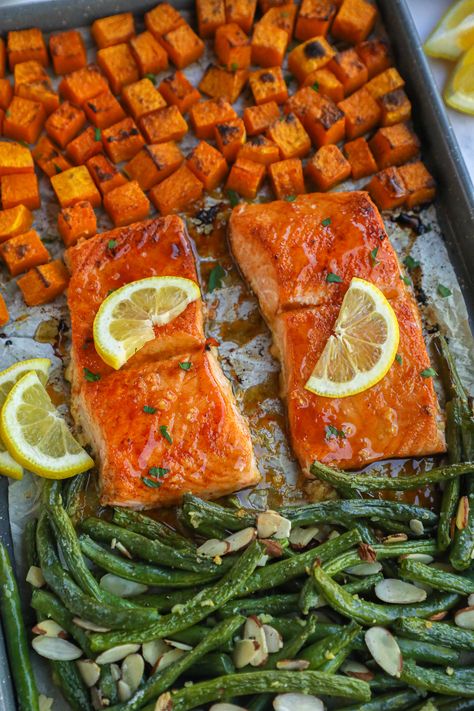 Low Calorie Fall Recipes, Salmon Sheet Pan Dinner, Maple Mustard Salmon, Sheet Pan Fajitas, Pan Fajitas, Green Beans With Almonds, Butternut Squash Kale, Salmon And Sweet Potato, Mustard Salmon