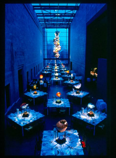 Blue lighting, ConAgra Foods Atrium, Joslyn Art Museum Cookout Games, Immersive Dining, Event Table Settings, Tech Event, Jewelry Store Displays, Experiential Design, White Restaurant, Corporate Events Decoration, Museum Lighting