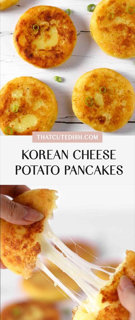 korean cheese potato pancakes Korean Cheese Pancake, Asian Appetizers For Party Easy, Quick Easy Savory Snacks, Fun Meals To Make, Savory Food Ideas, Dinner Ideas Asian, Cheese Potato Pancakes, Cheesy Meals, Easy Korean Recipes