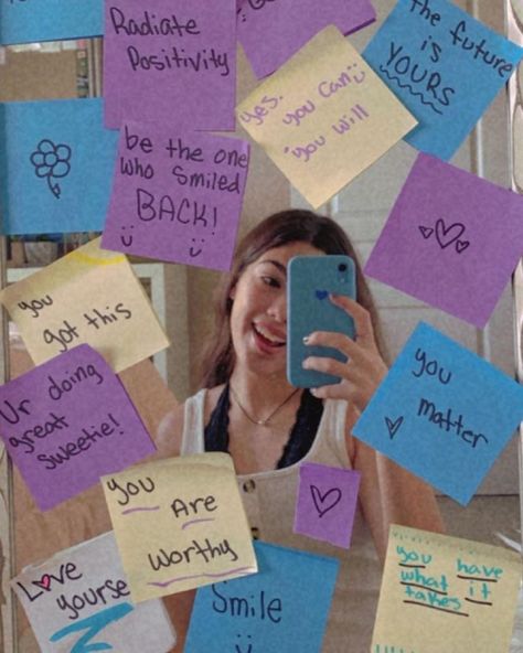 Sticky Notes Around Mirror, Things To Write On A Sticky Note, Sticky Notes On Mirror Self Love, Stick Notes Ideas Wall, Truth Mirror, Mirror Motivation, Kindness Notes, Sticky Notes Quotes, Nursing Journal