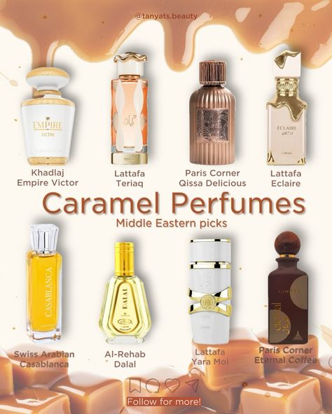 Best caramel perfumes: Middle Eastern picks ✨ ▫️ Khadlaj Empire Victor — caramel lemon vanilla cake. Love at first sniff! Smells expensive and delicious, in the same style as Lira or Devotion. ▫️ Lattafa Teriaq — a very complex perfume I’d describe as airy leathery caramel, with honey, almond, apricot, and pink pepper. It smells like an expensive designer or niche perfume. ▫️ Paris Corner Qissa Delicious — a truly delicious combination of caramel and chocolate. ▫️ Lattafa Eclaire — an ama... Cake Scented Perfume, Caramel Scented Perfume, Caramel Cascade Perfume, Gourmand Arab Perfumes, Arabian Vanilla Perfume, Expensive Smelling Perfume, Vanilla Caramel Perfume, Best Niche Perfumes, Choco Musk Perfume Layering