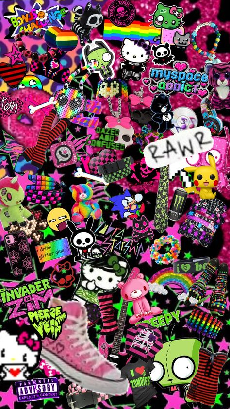 Scene Wallpaper Laptop, 2000s Emo Aesthetic Wallpaper, Scene Phone Wallpaper, Scene Kid Wallpaper, Scenecore Background, Scene Emo Wallpaper, Scene Hello Kitty, Scenecore Wallpaper, Scene Collage