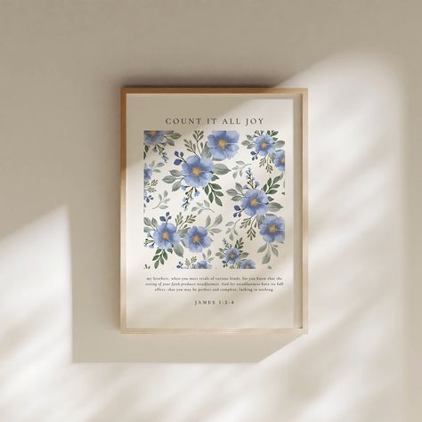 Count It All Joy // Encouraging Christian Wall Art Welcome reminders of truth daily into your home with this minimalist and floral print of James 1:2-4. Perfect for anywhere in the home, church, or as a gift :) BROWSE SIMILAR WALL ART: https://homewithcambria.etsy.com/listing/1575682229 WHAT'S INCLUDED? Ready-to-print high-resolution (300 DPI) JPG files with the following 6 different sizes for printing: 1:1 Ratio File Printing Sizes: 5"x5" | 8"x8" | 10"x10" | 12"x12" | 20"x20" 2:3 Ratio File Pri Church Office Decor, Dorm Wall Art Ideas, Christian Asthetic, Christian Wall Prints, Joy Bible Verse, Minimalist Christian Art, Count It All Joy, Christian Wall Art Printable, Scripture Wall Decor