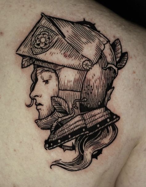 Midevil Style Tattoo, Etched Tattoo Style, Mideaval Tattoo Design, Medieval Helmet Tattoo, Lithograph Tattoo, Beowulf Tattoo, Woodcut Style Tattoo, Female Knight Tattoo, Woodcut Tattoo Design