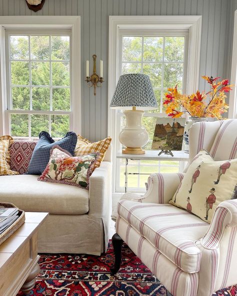 Hello and welcome to the sun room in her new color! This beautiful bold and bright colored rug from @suzanne.the.rug.dealer was begging… | Instagram Transitional With Pops Of Color, Colourful Cottage Living Room, Colorful Cottage Interiors Living Room, Open Concept Home Decor, Homes With Color, Mixed Patterns Living Room, Pretty Sunrooms, Colorful Cozy Home, Color Sofa Living Room