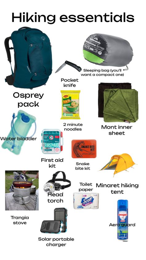 Hiking essentials! I tried to remember everything What To Bring Backpacking, Backpacking Essentials For Women, Apocalypse Bag, Hiking Essentials Packing Lists, Hiking Essentials For Women, Hike Essentials, Hiking Backpack Essentials, Packing List Kids, Hiking Hacks