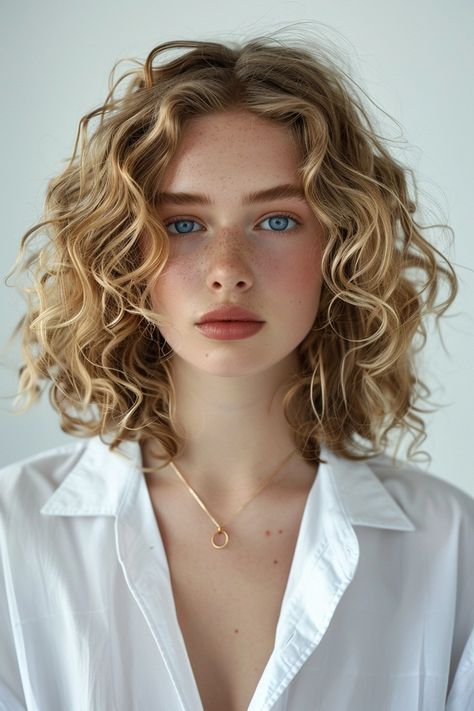 Discover the hottest hair trend for effortless cool-girl style: shoulder length curly hairstyles. Get inspo from trendy curly looks! Shoulder Length Hair Wavy Natural Blonde, Blonde Curly Hair Pale Skin, Long Bob Hairstyles For Curly Hair, Short Curly Womens Hair, Layered Lob Curly Hair, Short Curly Hair For White Women, Short Curly Bob Blonde, French Wavy Hair, French Girl Curly Hair