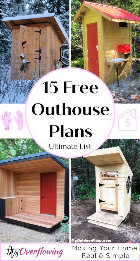 15 Free Outhouse Plans To Build an Outhouse Cheaply Diy Outdoor Bathhouse, Indoor Outhouse Bathroom Ideas, Pallet Outhouse Diy, Modern Outhouse Bathroom, Outhouse Design Ideas, Out House Ideas Bathroom, Pool Outhouse Ideas, Outhouses Ideas Buildings, Outhouse With Shower Ideas