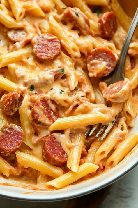 Cheesy Kielbasa Pasta Dinner Recipe With Kielbasa, Kielbasa Cajun Pasta, Easy Dinner Recipes With Kielbasa, Pioneer Woman Bowtie Pasta, Cheese Kielbasa Pasta, Kielbasa Meal Ideas, Dinner Ideas With Polska Kielbasa, Kilbasa Sausage Tortellini, Kielbasa Noodle Recipes