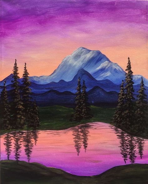 Morning Painting Sunrises, Dawn Sky Painting, Sunrise Mountain Painting, Mountain Lake Painting, Pinots Palette Paintings, Western Collage, Wine And Painting Party, Dawn Sky, Paradise Art