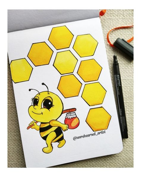 Bee With Honeycomb Drawing, Bee And Honey Comb Drawing, Chart Paper Drawing Ideas, Cute Cartoon Paintings, Honey Comb Drawing, Honey Drawing, Honey Bee Drawing, Cool Designs To Draw, Bee Drawing