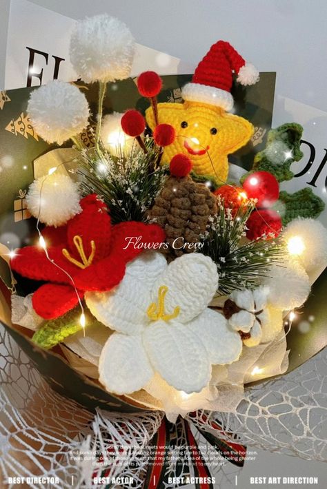 christmas flower bouquet Christmas Crochet Bouquet, Crochet Lilies, Crochet Flower Bouquet, Christmas Bouquet, Crochet Bouquet, Colorful Bouquet, Beautiful Centerpieces, Flower Bouquets, Pine Needles