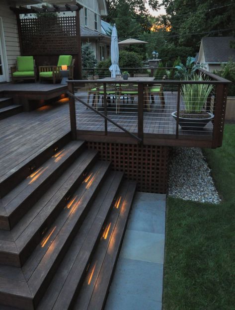 Deck Ideas Lights, Deck With Stairs All Around, Modern Deck Off Back Of House, Modern Deck Stairs, Raised Deck Off Back Of House, Deck Ideas With Gazebo, Deck With Landing, Multi Tier Deck, Wide Deck Stairs