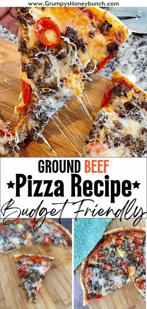 Ground Beef Pizza is a delicious budget friendly meal that will easily feed a family of 4! Seasoned ground beef tops a homemade pizza dough with cheese and sauce. Add your own favorite toppings to go with! Get this pizza recipe and more at Grumpy's Honeybunch website. Ground Beef Pizza, Pizza Marinara, Friday Night Pizza, Beef Pizza, Pizza Crust Dough, Delicious Pizza Recipes, Meat Lovers Pizza, Ground Beef Recipe, Pizza Topping