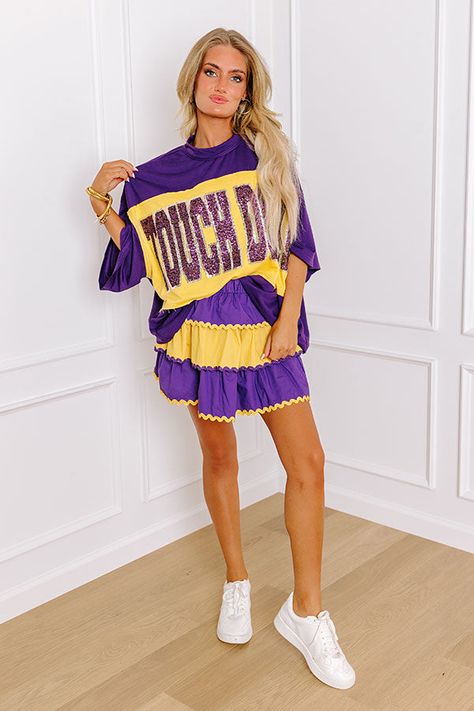 game day fit Purple Tailgate Outfit, Preppy Game Day Outfit, Purple Letter Print Tops For Game Day, Purple And Yellow Gameday Outfit, Purple Gameday Outfit, Summer Tiered Mini Skirt In Purple, Babydoll Tank, Tiered Mini Skirt, Impressions Online Boutique