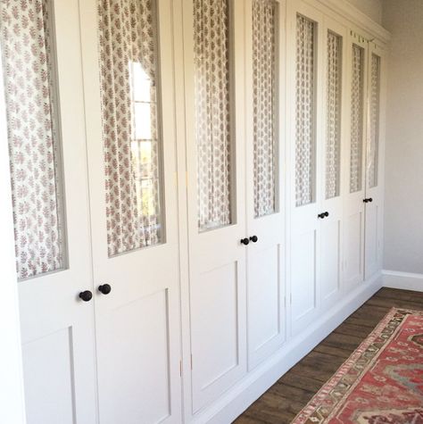 Fabric door details.  Bootroom or linen cupboard? Fabric On Closet Doors, Fabric Doors For Closet, Turquoise Built Ins, Fabric Cupboard Doors, Built In Bedroom Wardrobes, Fabric Wardrobe Doors, Fabric Closet Doors, Joanna Plant, Bedroom Built In Wardrobe